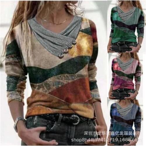 2021 spring and autumn European and American casual womens T-shirt cross V-neck shirt button printing long-sleeved sweater