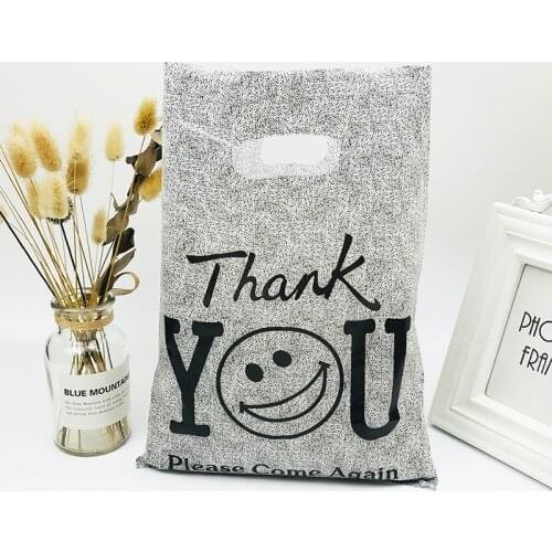50pcs 25*35cm "Thank You" Design Gray Plastic Gift Bag Clothing Boutique Packaging Bags Big Plastic Shopping Bags With Handle