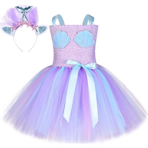Lavender Little Mermaid Tutu Dress for Girls Princess Cosplay Costumes for Birthday Party Kids Girl Halloween Prim Dresses 1-14Y
