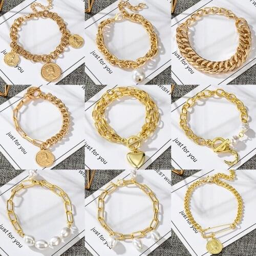 Various Shapes Curb Cuban Chain Bracelets for Women Miami Boho Thick Gold Color Charm Bracelets on hand Fashion Golds Jewelry