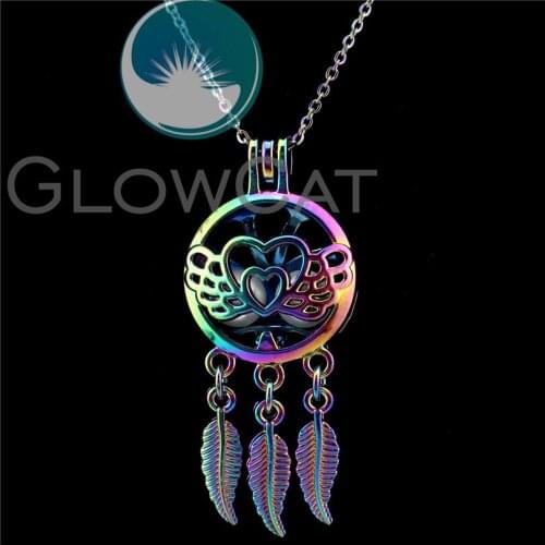 C750 Rainbow Colors Dream Catcher Wings Heart Beads Cage Essential Oil Diffuser Aromatherapy Oyster Pearl Cage Locket Necklace