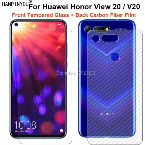 For Huawei Honor View 20 / V20 6.4" 2Pcs= Soft Back Carbon Fiber Film + Ultra Thin Premium Tempered Glass Front Screen Protector