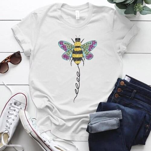 Seeyoushy Color Bee Print Graphic Tees Women Funny T-shirt Short Sleeve Round Neck Woman Tshirts Summer Harajuku Tops Shirt