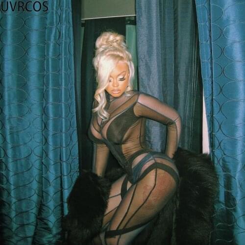 UVRCOS Mesh Patchwork Jumpsuit Women Mock Neck Full Sleeve See Through One Piece Overalls Sexy Midnight ClubParty Hot Streetwear