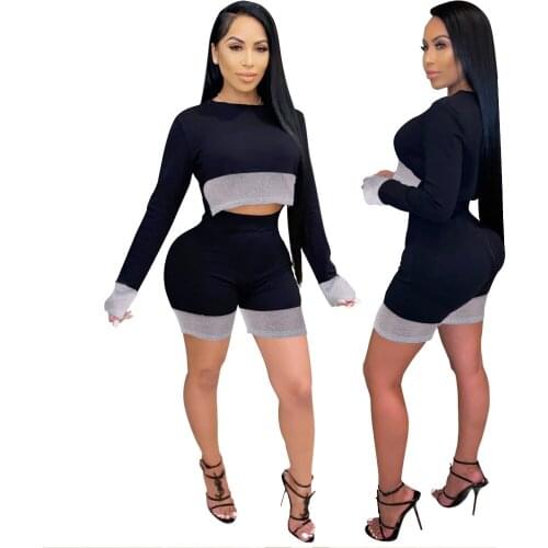 Long Sleeve Black Two Piece Set Spring Casual Suit Women Sexy Birthday Clubwear O Neck Crop Top and Biker Shorts Set Outfits