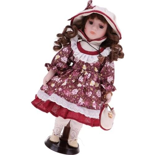 30cm Lovely Porcelain Girl Doll People Figure With Floral Dress Hat Set Gift