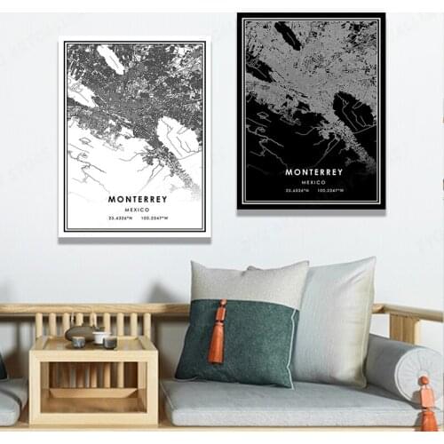 MONTERREY Map Canvas Prints Wall Art Pictures Painting Wall Art For Living Room Home Office Hotel Apartment Decor