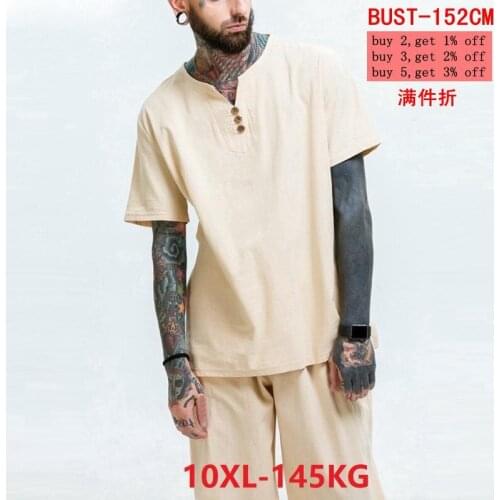 Mens linen T-shirt summer casual large size large size short sleeve 8XL Japanese style 5XL T-shirt cotton 10XL 7XL V-neck retro