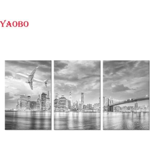 DIY square round Diamond Painting Mosaic Wall Art Black and White Brooklyn Bridge Airplane Diamond Embroidery 5d Cross Stitch