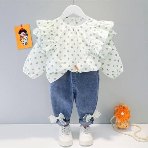 2021 New Spring Baby Girl Clothes Set Korean Style Polka Dot Top+Jeans 2pcs Outfit for Girls Long Sleeve Toddler Girl Fall Suits