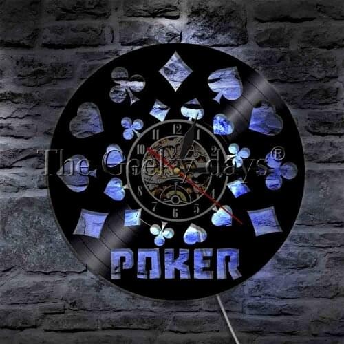 Rummy Card Poker Vinyl Record Wall Clock With LED illumination Gameroom Wall Watch Decorative Lighting LED Hanging Lamp