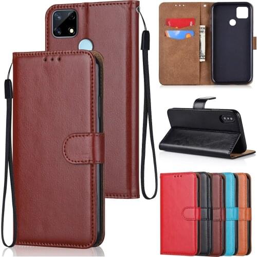 Luxury Pu Leather Case for Realme C25 C12 6.5'' Funda Cards Wallet Stand Holder Book Style Phone Cover with Strap