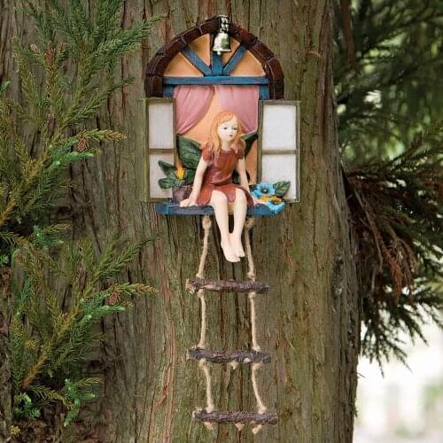 Fairy House Tree Hanging Sculpture Hand-Painted Window Sitting Fairy with Ladder Resin Statue Miniature Home Garden Decor#20