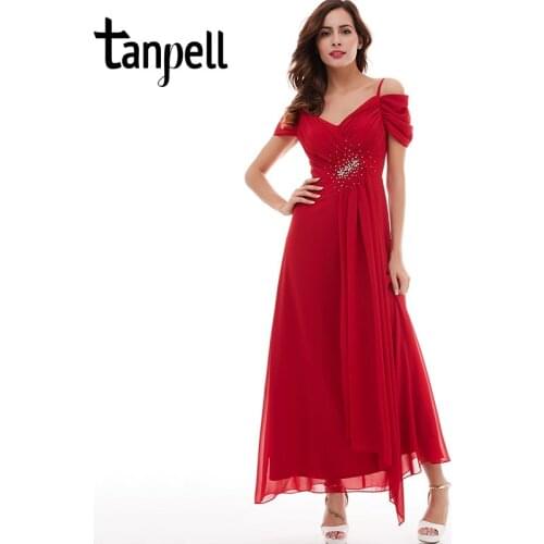 Tanpell spaghetti straps prom dress red short sleeves ankle length A-Line ruched dress cheap draped beading long prom dresses