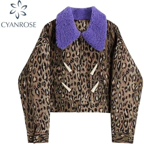 Women Crop Streetwear Jacket Leopard Spliced Purple Wool Fur Fashion Winter Coat Female Vintage Club Double Breasted Outwear