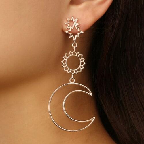 Korean Creative Hollow Five-pointed Star Moon Alloy Asymmetric Sun Long Section Earrings for Women Statement Ear Jewelry Gifts