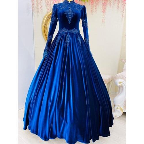 Velvet Appliques Beaded Feather Muslim Prom Dress 2021 Long Sleeve A Line Saudi Arabic Moroccan Caftan Evening Formal Party Gown