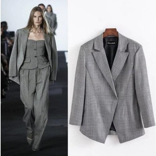 Queechalle 2020 Spring Autumn Plaid Suit Jacket Coat Female Back Split Formal Workwear Notched Office Lady Coats Womens Blazer