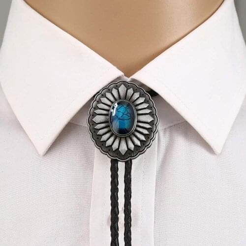 Vintage Western Bolo Tie blue stone decorative metal buckle Cowboy Leather Necktie Mens Necklace Jewelry