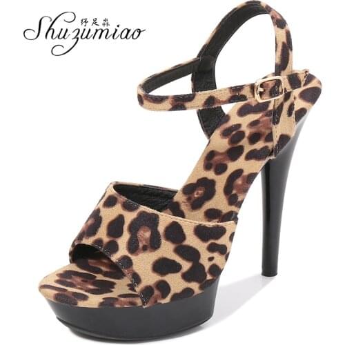 2020 Stiletto Leopard Sandals Women Shoes High-Heeled 13/15CM Sexy Nightclub Show Flock Shoes Female Banquet Wedding Shoes