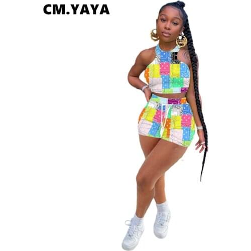 CM.YAYA Women Set Bandanna Paisley Print Crop Tanks Tops Skinny Shorts Two 2 Piece Sets Casual Fashion Outfit Summer Tracksuit