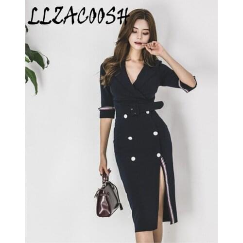 Navy Blue Blazer Formal Long Dress Office Lady Striped Patchwork Double-breasted V-neck Fashion Korean Mid calf Dress With Belt