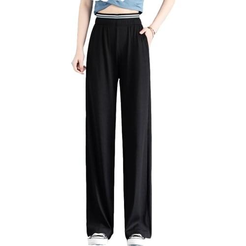 2021 Summer Casial Comfortable Long Thin Trousers Women Solid Color Pocket High Waist Elastic Wide Leg Palazzo Pants
