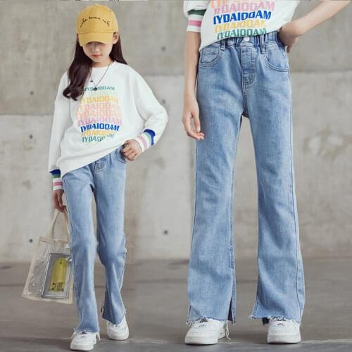 Spring Jeans For Girls Solid Split Childrens Denim Pants Elastic Waist Teenager Casual Autumn Clothes Trousers 6 8 10 12 14Year