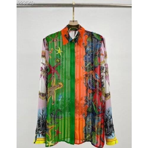 Fashion Womens Silk Shirts 2021 Runway Luxury Famous Brand European Design Party Style Ladies Print Single Breasted Clothing