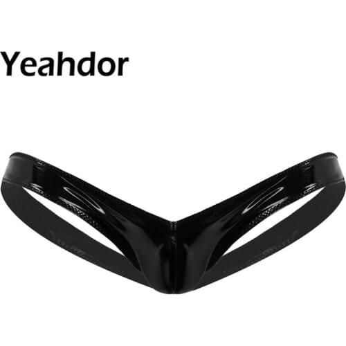 Mens Wet Look Patent Lingerie Sexy Panties No Waist Rise Bulge Pouch Open Butt Hommes Gay Mini Jockstrap Thong Briefs Underwear