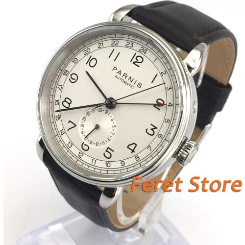 New PARNIS 42mm men watch GMT silver case arab mark date window leather strap mens top leisure automatic mechanical watch
