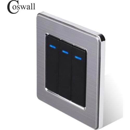 Coswall 3 Gang 2 Way Light Switch On / Off Wall Switch With LED Indicator Pass Through Switch Switched Stainless Steel Panel