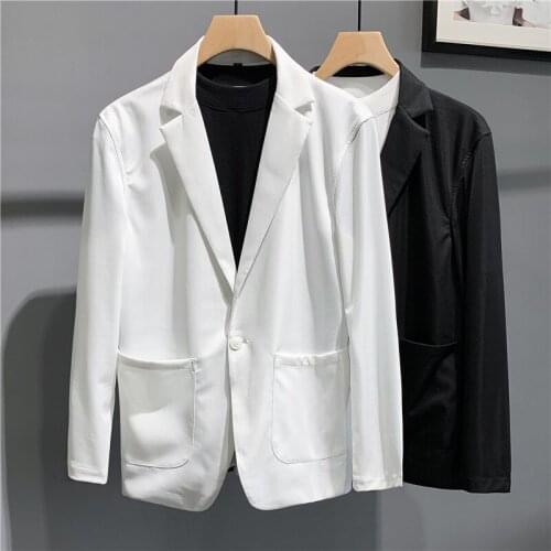Top Quality Summer Stretch Silky Thin Sun Protection Clothing Solid All Match Slim Fit Casual Striped Blazer Jacket Men White
