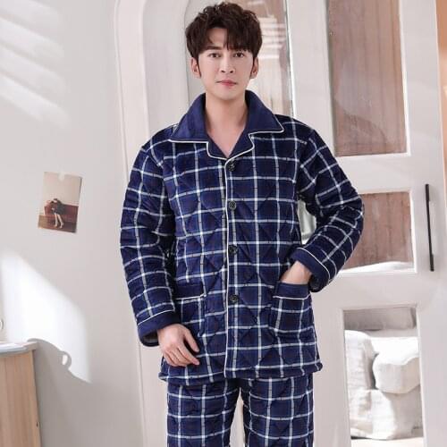 Plus size L-3XL quilted pajamas sets men three layer thickening winter coral fleece sleepwear mens pyjamas homme casual homewear