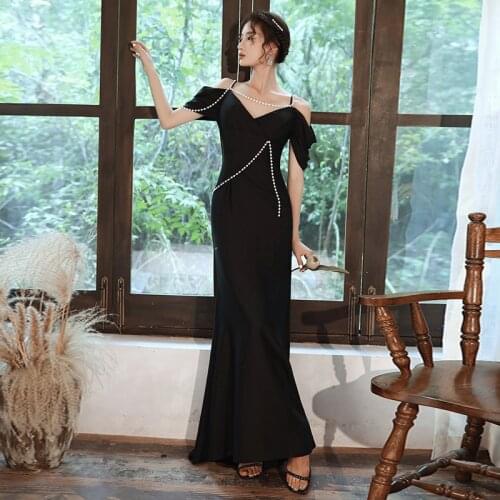 Special Occasion Dresses Vintage V-Neck Short Pearls A-Line Spaghetti Straps Luxury Black Jersey Elegant Women Prom Gown E849