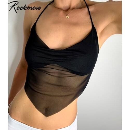 Rockmore Black Sexy Mesh Halter Crop Top WomenS Clothing Bustier Tank Tops Aesthetic Sleeveless V Neck Cami Summer Streetwear