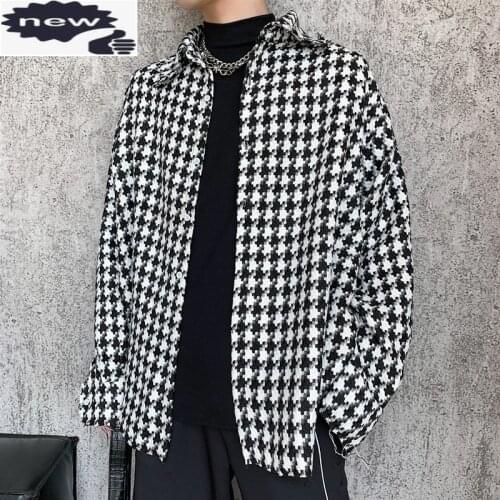 Autumn Vintage Mens Plaid Shirt Fashion Casual Loose Fit Single Breasted Tweed Cardigan Tops Male High Street Hip Hop Men Shirts