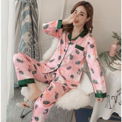 Spring new sweet cardigan lapel printing silk home clothing pajamas set Full Length pajamas for women Silk women pajamas