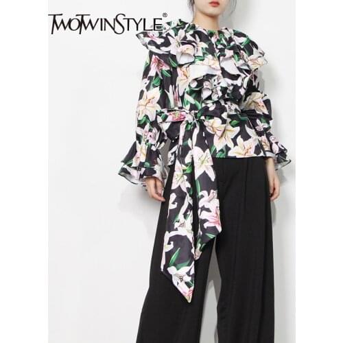 TWOTWINSTYLE Print Lace Up Shirt For Women O Neck Long Sleeve Hit Color Elegant Chic Blouse Female Fashion New Clothing 2021