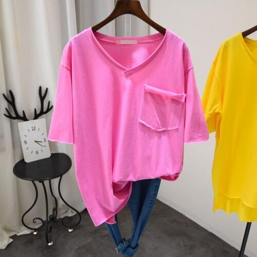 Simple Oversized Women Tee Shirt Short Sleeve Summer Korean Solid Loose Cotton T Shirt Female V Neck Lazy Casual Tees Maxi Size
