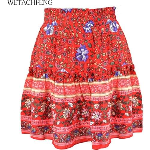 2020 Fashion Floral Print Ruffle Pleated Boho Beach Mini Skirt Korean Style World Apparel Summer Plus Size Loose Women Clothes