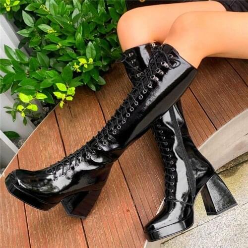 Military Long Boots Women Glossy Cow Leather Round Toe Knee High Boots Platform Creeper Shoes High Heels Party Oxfords EUR35 -43