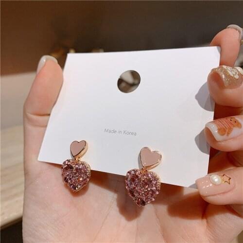 S925 Needle Earrings for Women Pink Heart-shaped Crystal Earrings Fashion Women Jewelry 2020 Wholesale