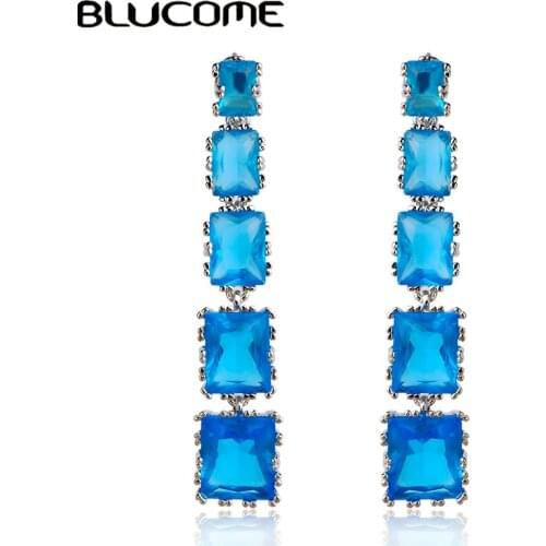 Blucome Luxury Blue Drop Earrings For Women Girl Copper Rhinestone Zircon Accessories Wedding Jewelry Party Dress Ear Decoration