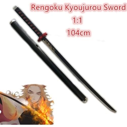 1:1 Demon Slayer Weapon Rengoku Kyoujurou Black Sowrd Kimetsu no Yaiba Sword Cosplay Ninja Knife 104cm Weapon Anime Model