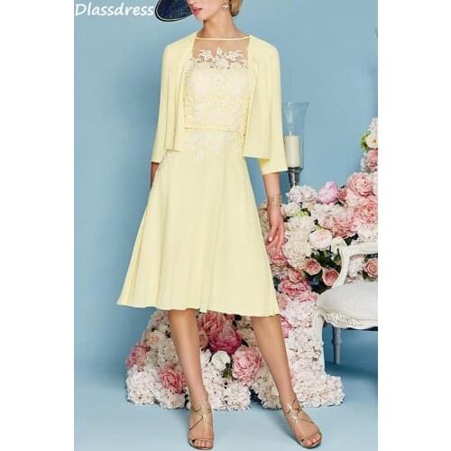 2020 Mother Of The Bride Dress For Wedding Light Yellow Knee Length Sleeveless O-neck Jacket Evening Dress коктейльные платья