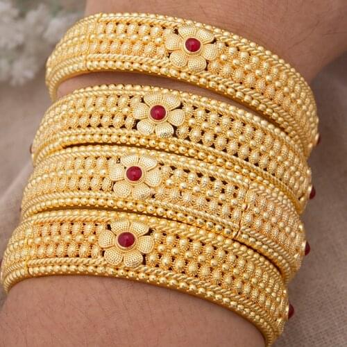 4Pcs/Set Gold Color Bangle for Women Ethiopian Bracelets Red luxury wedding Middle East Dubai Wedding Jewelry African Gifts