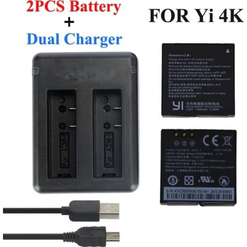 Xiaomi Yi 4K 2 Battery 1400Mah 2 Pcs Battery + Xiao Yi 2 USB Dual Battery Charger For Sport Yi 4K Action Camera Accessories