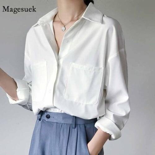 Turn-down Collar Pockets OL Style White Shirts for Women Blouse Tops Elegant Workwear Female Top Women Autumn Blusas Femme 11296
