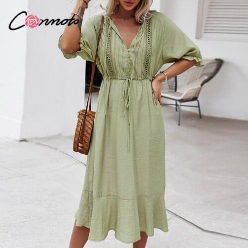 Conomoto Spring green elegant hollow out women dress V-neck ruffled lace dress for ladies Summer high waist holiday dress 2021